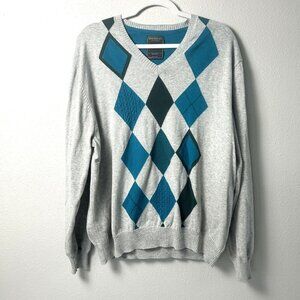 John Bartlett Consensus Sweater Size XL Gray Blue Argyle V Neck Pullover